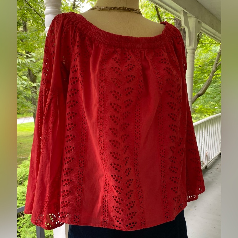 Express Red Eyelet Bell Sleeve Off-Shoulder Blouse
